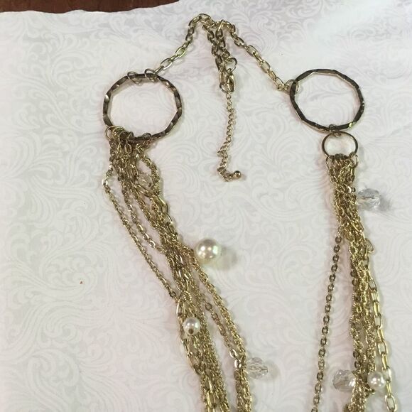 Goldtone Lacy Chain Necklace with Faux Pearls & Crystals - Picture 3 of 5